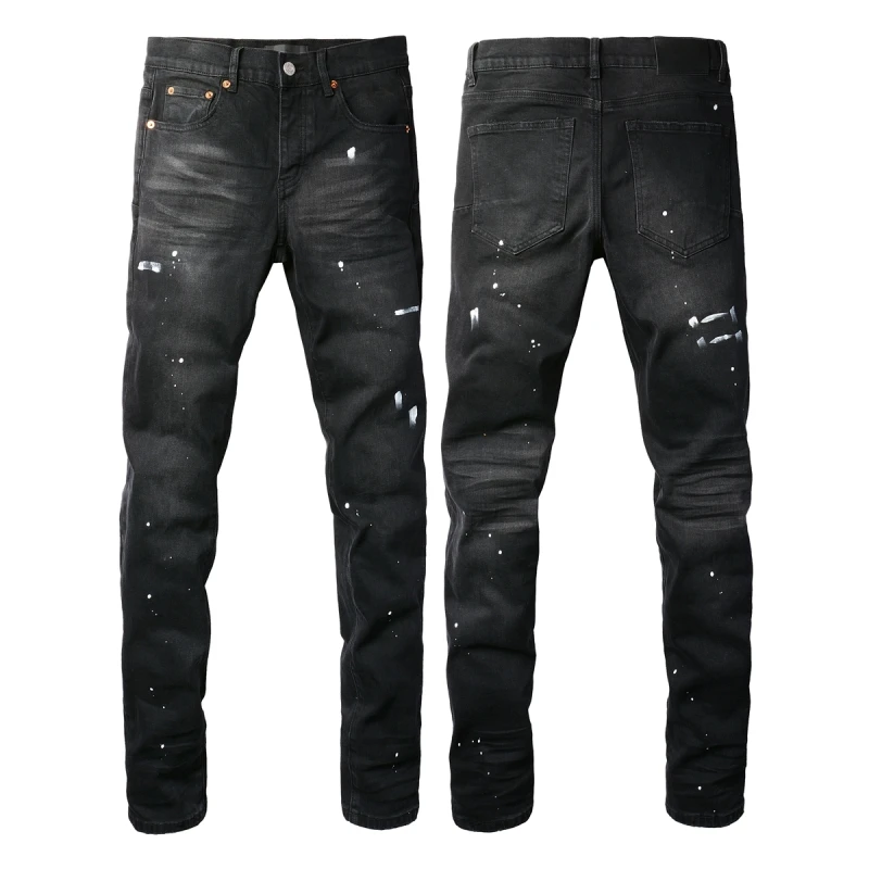 New High quality Purples Jeans Men High Street Black Paint Repair Low Rise Skinny Denim brand Pants