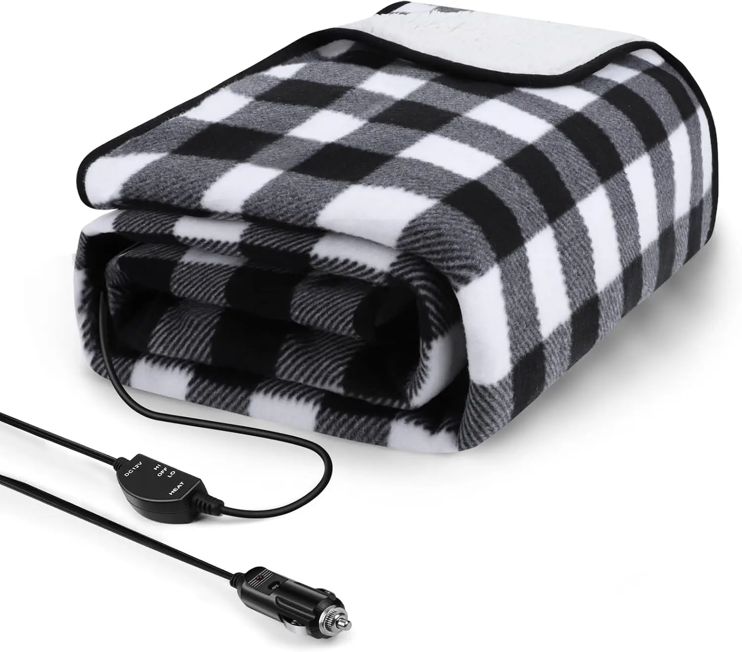 

12V Heated Car Blanket with Temperature Control, Portable for SUV Truck RV Camping, 59x43 Inch Black-White Plaid