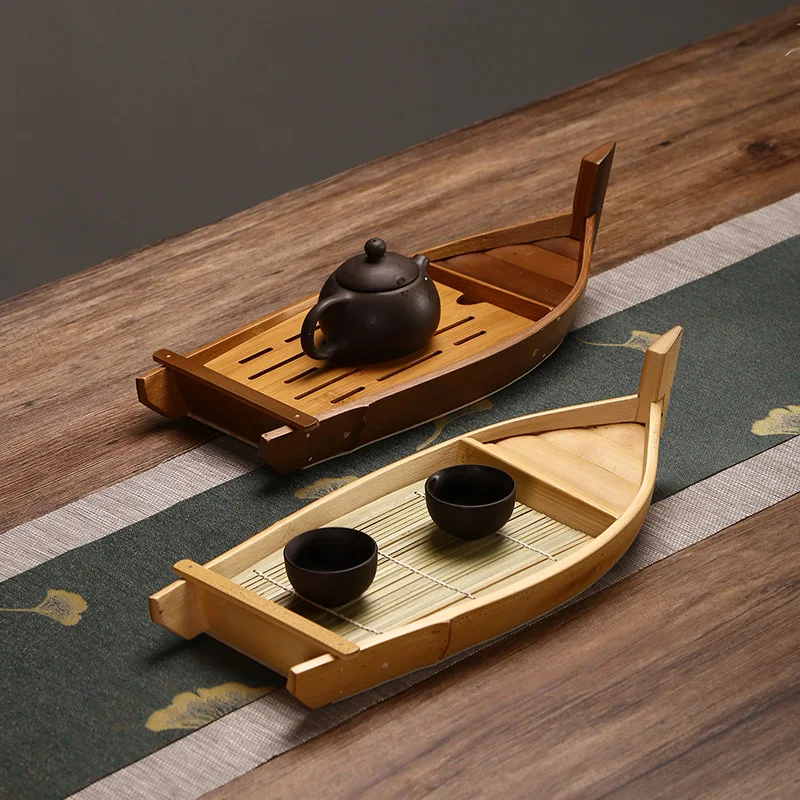 Bamboo Wood Tea Tray Japanese Sashimi Tray Boat-shaped Fruit Dessert Container Restaurant Decoration Kitchen Tableware