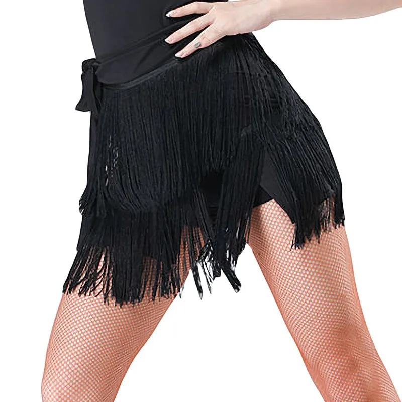 Women Clothing Black Tassel Trim Hip Wrap Skirt 1pc Asymmetrical Hem Latin Tango Ballet Dance Short Skirt