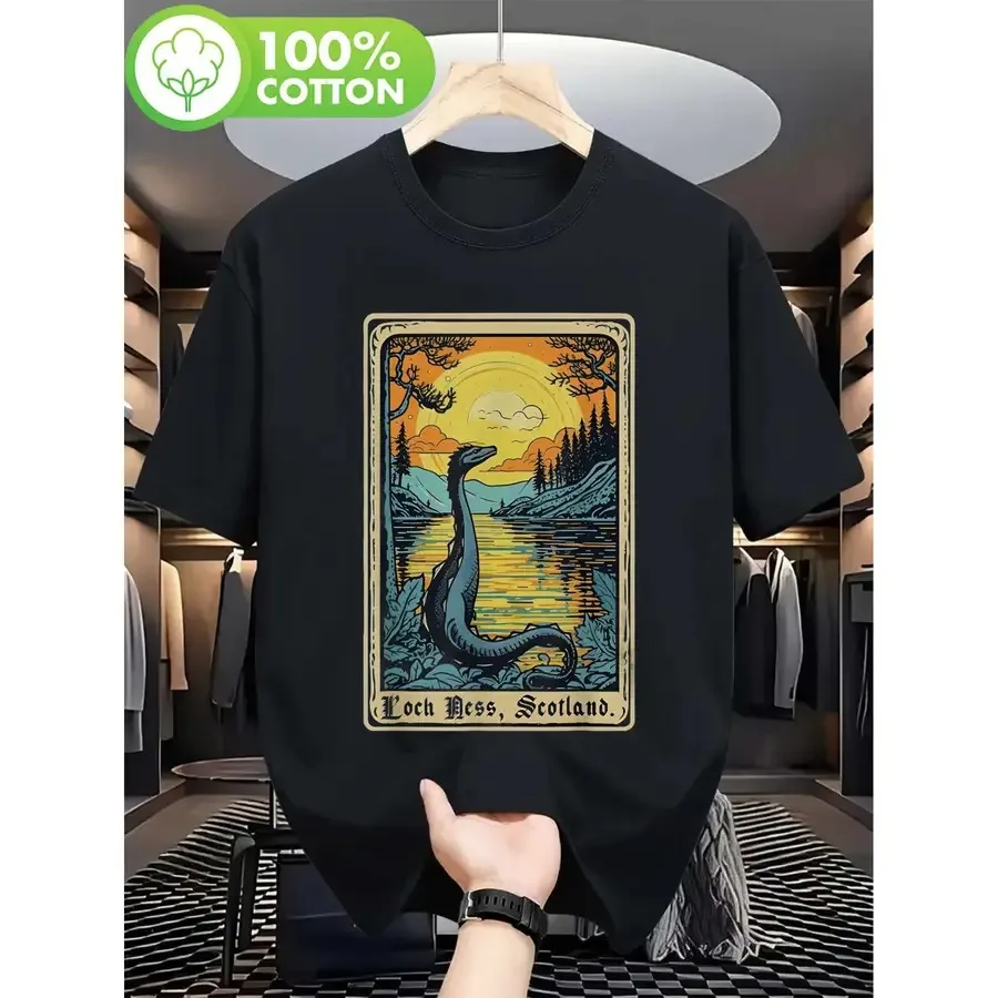 

【New Arrival】Men's Vintage T-Shirt Featuring The Loch Ness Monster Perfect for Scotland Tourism. This Black Retro Graphic Tee Is