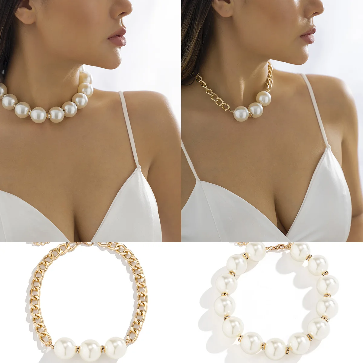 Necklace Mixed Faux Pearl Rhinestone Round Beads Metal Chain Elegant Creative Party Prom Jewelry for Women Silver Tone