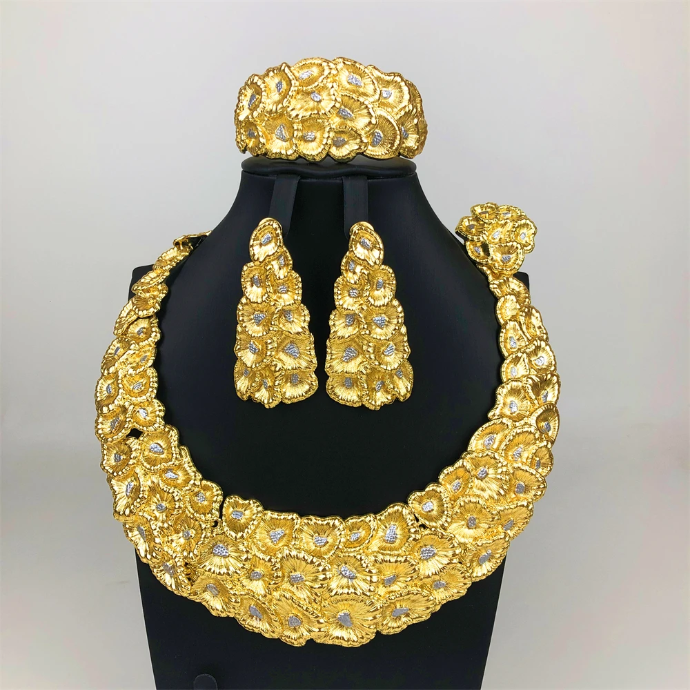 طقم مجوهرات بلونين أفريقي دبي قلادة نسائية واسعة وسوار وأقراط وخاتم لهدايا مجوهرات الزفاف #6