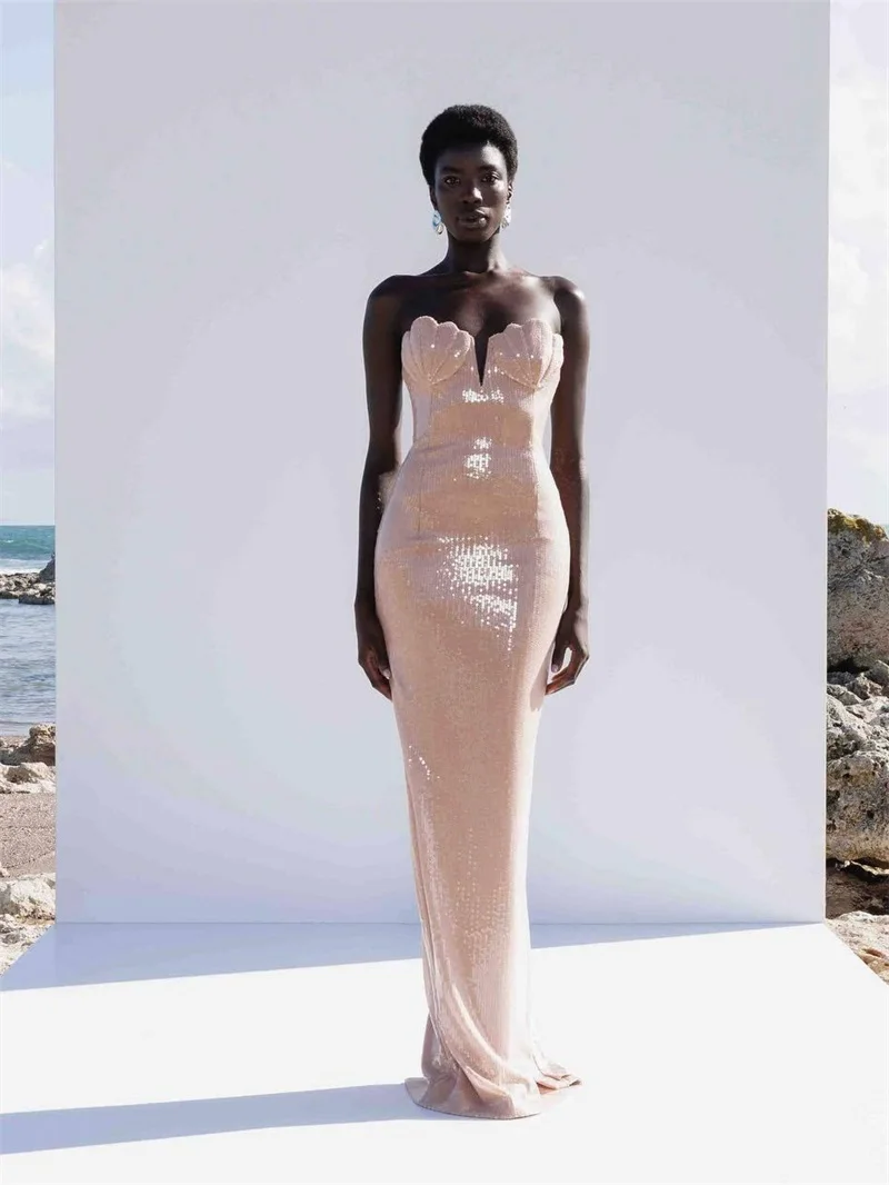 

Glitter Sequins Prom Dress Sexy Scallop Shaped Strapless Sleeveless Sheath Party Gown Formal Wedding Bridal Guest Birthday Robe