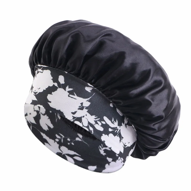 Satin Bonnets for Women Wide Elastic Band Floral Print Hijab Silky Headwrap Hair Care Cover Hat Night Sleeping Cap Lady Headwrap