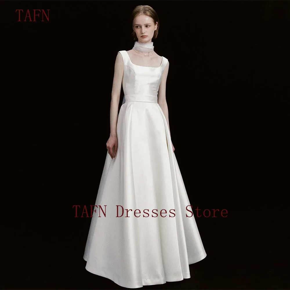 

TAFN Square Collar Sleeves Wedding Dresses Simple A-line Draped Elegant White Satin Bridal Gown Custom Made Party Gown