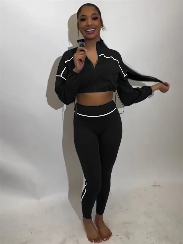 

Leosoxs Лоскутный комплект из 2 предметов, женский спортивный костюм на молнии с гофрированным подолом, укороченная куртка + эластичные леггинсы, повседневные повседневные уличные спортивные костюмы