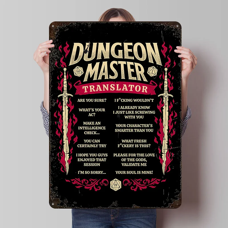 Dungeon Master Translator Poster Customized Wall Art Vintage Metal Signs Retro Tin Plaque for Man Cave Gaming Room Decoration