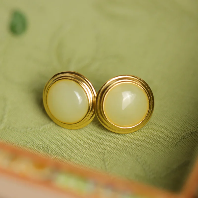 

S925 Sterling Silver Round Natural Hetian Green Jade Yellow Material Threaded Earrings Elegant Simple