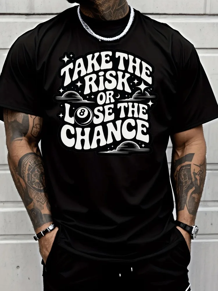 Men Summer Cotton Tee Retro Eight Ball Risk Quote Print Crew Neck Short Sleeve Casual Loose Streetwear Daily Fashion Mens Tops