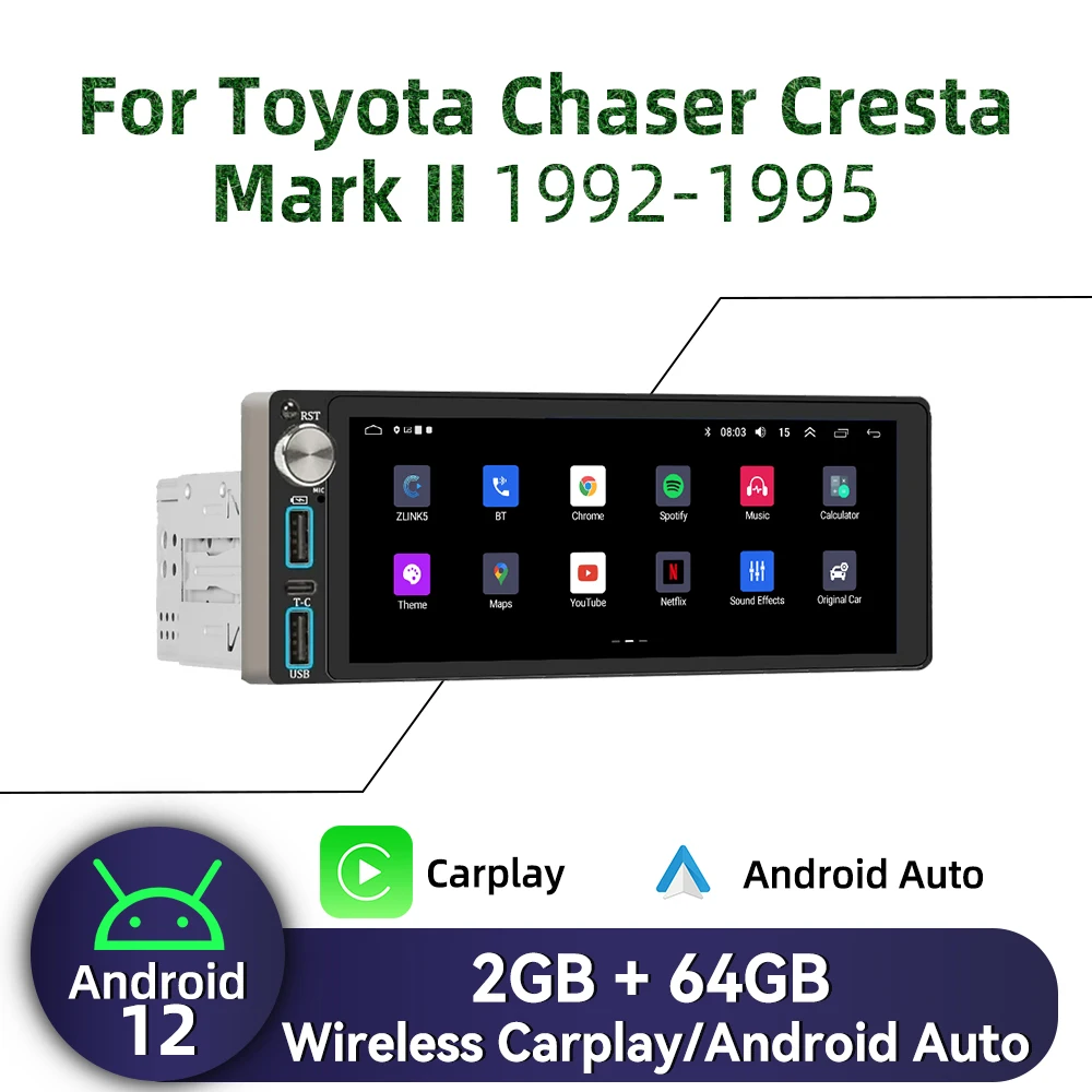 

Carplay 6.86" Screen Multimedia 1Din Android Car Radio for Toyota Chaser Cresta Mark II 1992-1995 Head Unit Autoradio Stereo