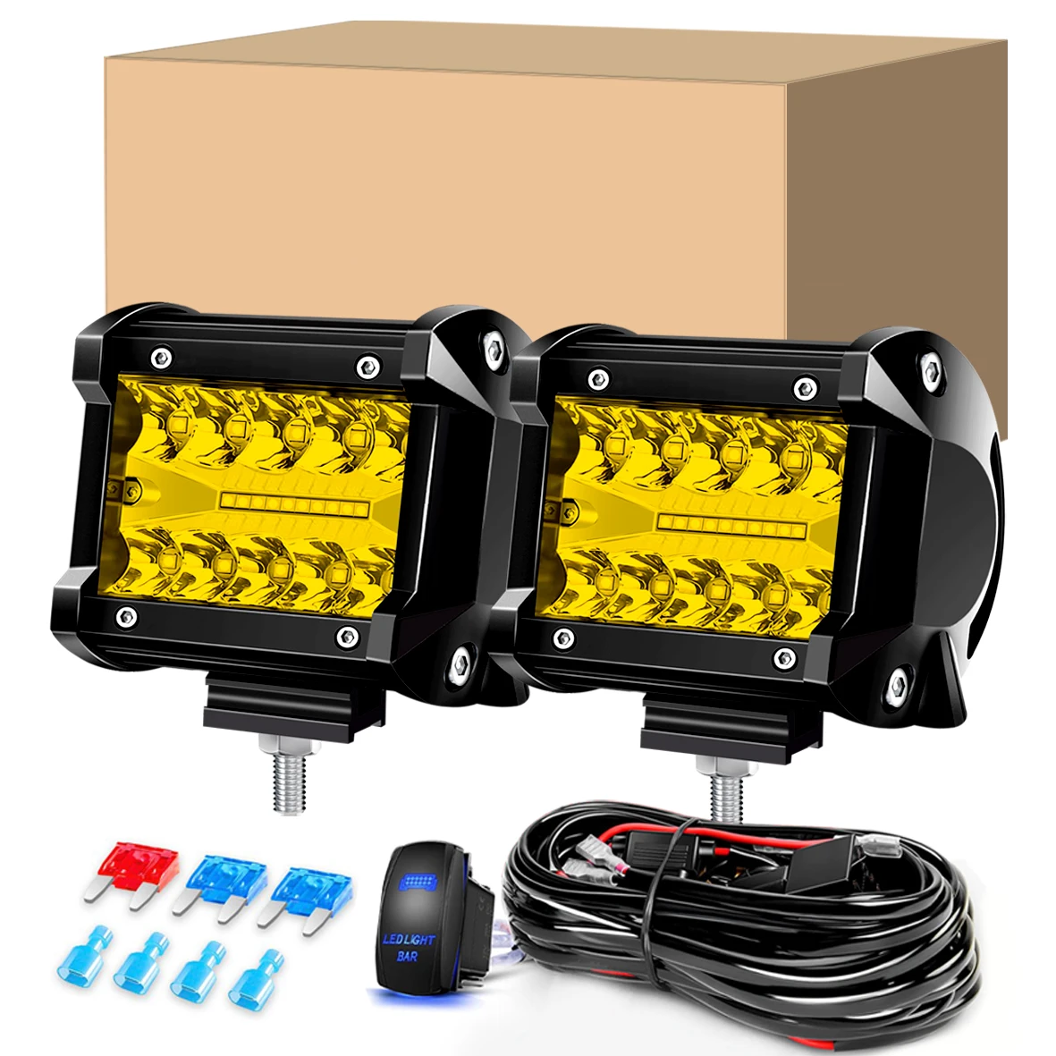 

Комплект из 2-х желтых светодиодных фар 4 дюйма, 60 Вт, с тройным рядом светодиодов, комбинированным светом (рассеивающий и точечный), противотуманные фары для вождения, с проводкой 16AWG и 2-мя проводами