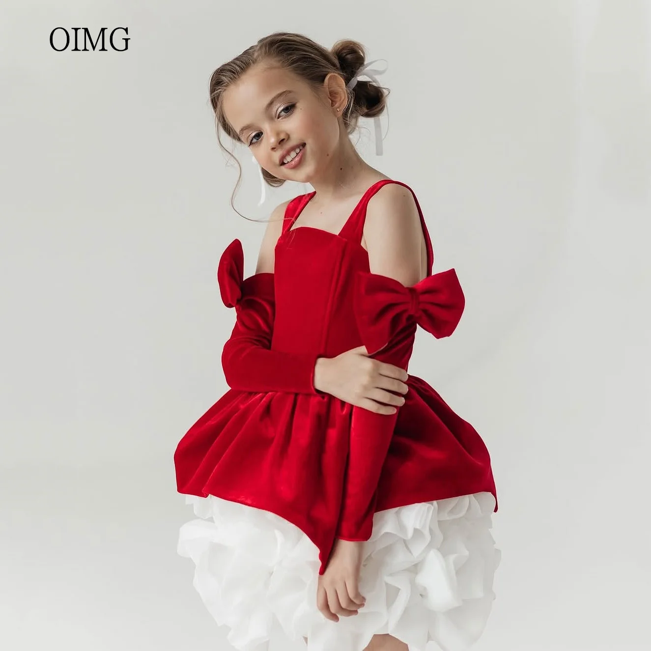 OIMG Princess Red Ball Flower Girl Dresses Bow Sleeves Gown Wedding Party Dress Flowers Mini Birthday Dress Customized