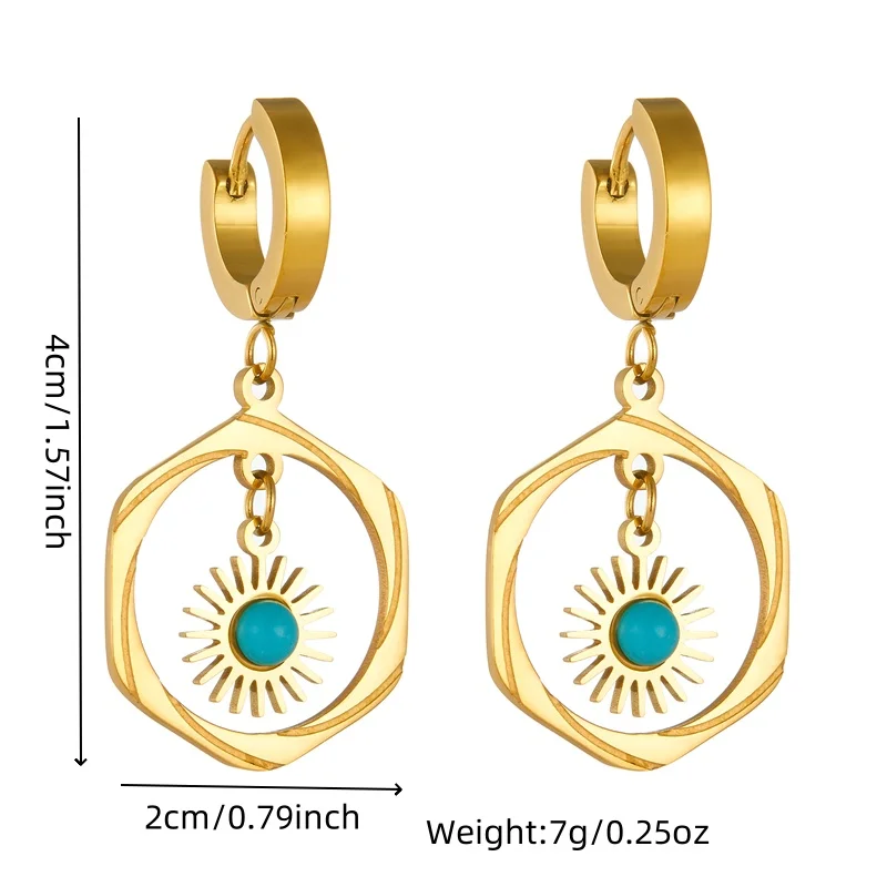 DIEYURO 316L Stainless Steel Vintage Round Pendant Hollowed Out Turquoise Earrings Women Girl Gift Fashion Jewelry Set bijoux