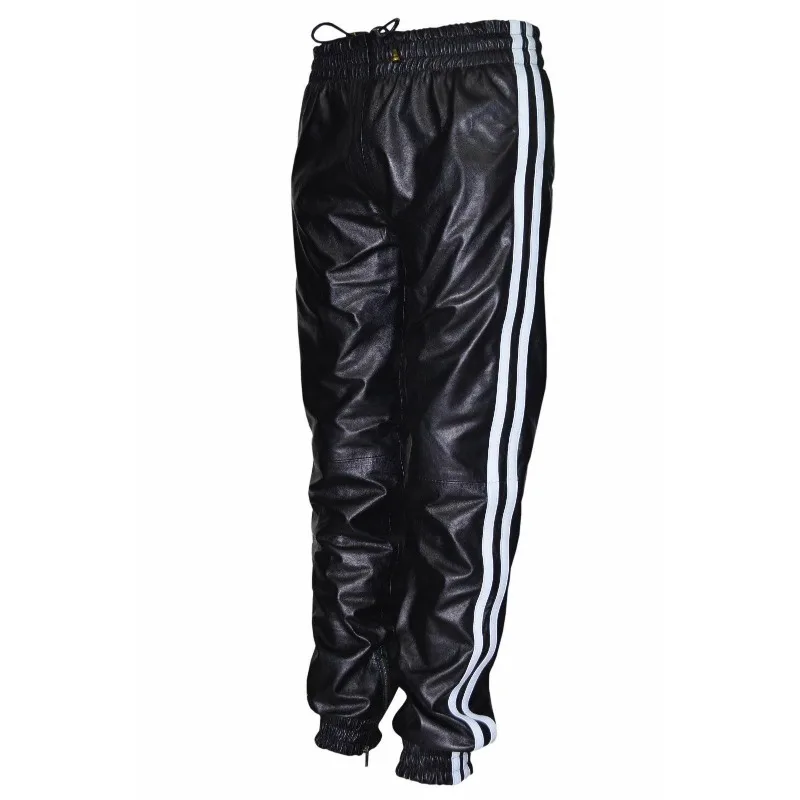 Men's Black Leather 100% Genuine Sheepskin Sports Pants European and American Fashion Trends