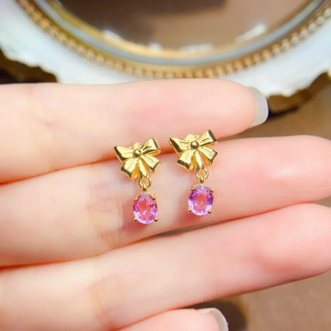 4*5mm Natural Pink Sapphire Earrings, S925 Sterling Silver Gold Plated Bow Princess Style Studs, Elegant Gift for Women, Girls