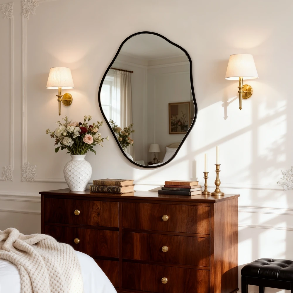 Asymmetrical Black Wall Mirror, Large Irregular Modern Wall Mounted Mirror with Aluminum Alloy Frame, Unique Freeform Decorative Art Mirror for Living Room, Bedroom, Entryway & Hallway