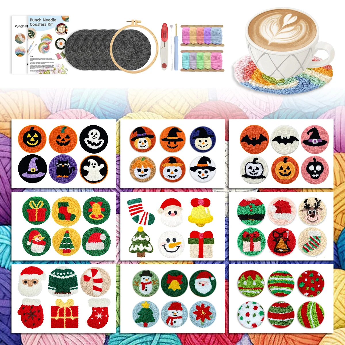 

GATYZTORY Punch Needle Package Coaster 6pcs Mini Christmas Halloween holiday Gift Cup Mat coaster Set Stitch desktop decoration