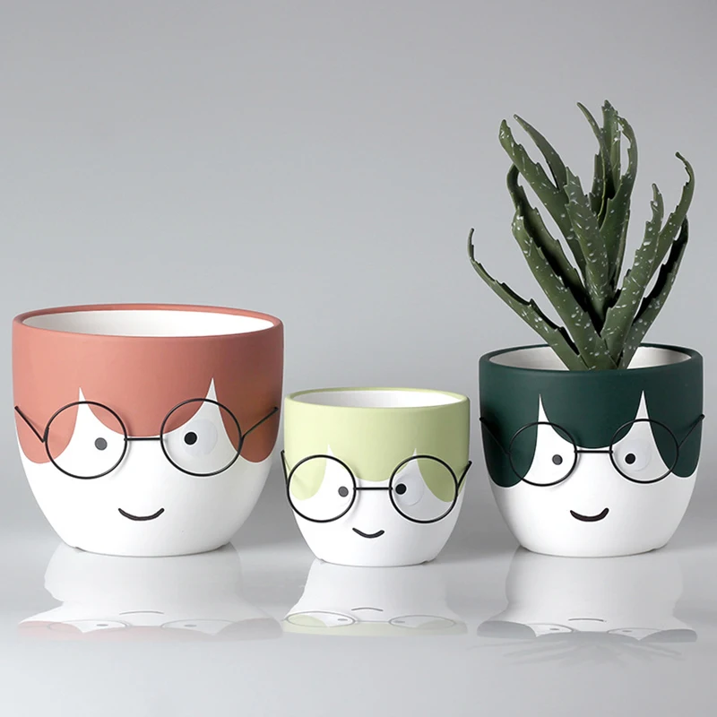 

Modern Glasses Round Ceramic Flower Pot Hand-painted Nordic Simple Green Plant Cactus Large-caliber Potted Home Garden