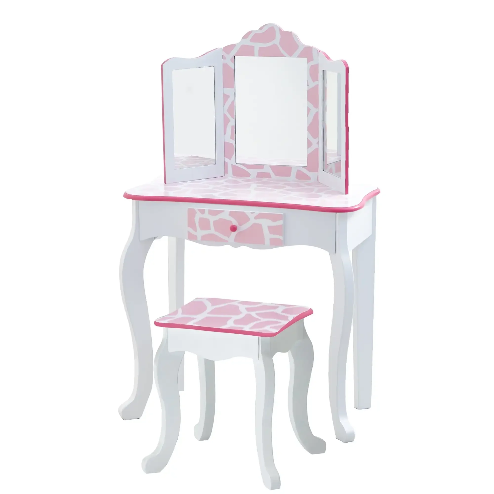 

Kids Gisele Giraffe Print Makeup Vanity Set with Tri-Fold Mirror and Chair, Pink/White