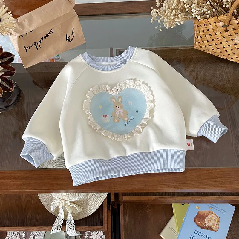 Spot GoodsQY259665Girls' Sweater2025Autumn New Round Neck Color-Block Heart Patch Fleece-Lined Top