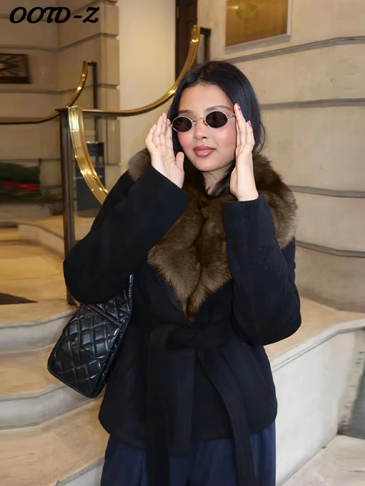 أنيقة فو الفراء الدانتيل يصل معطف الصوف المرأة شال طوق مربوط الخصر كم كامل معاطف الإناث الخريف الشتاء سيدة الموضة أبلى