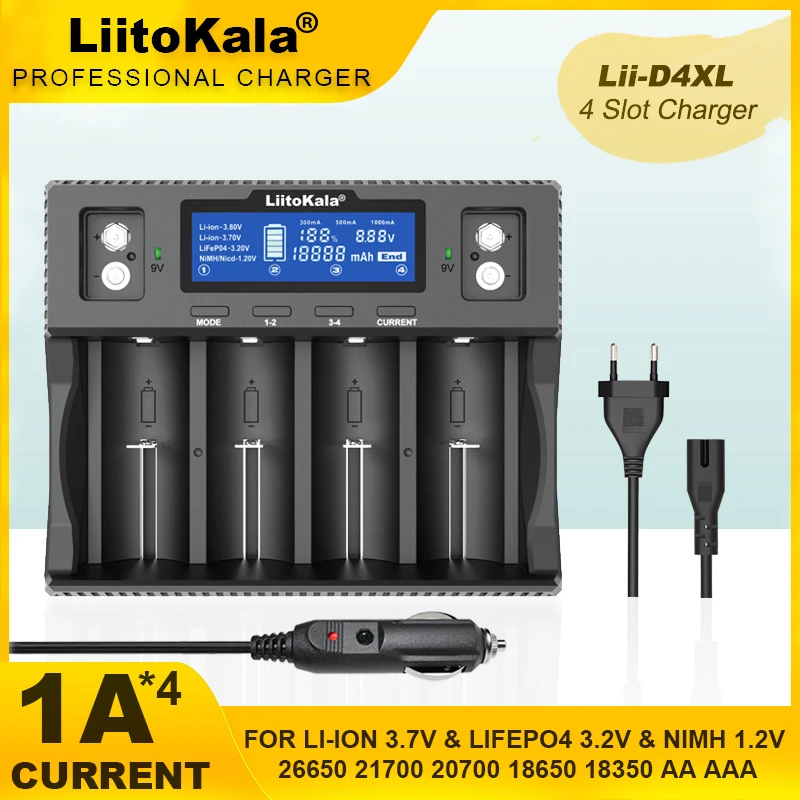 LiitoKala Lii-D4 Lii-D4XL 3.7VLi-ion 1.2V NiMH/Cd 26650 18650 26700 D 9V AA AAA LCD Lithium NiMH Smart Battery Charger