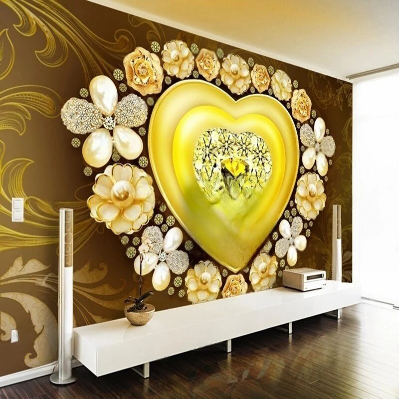 

MU8906 Custom Jewelry flowers gold heart-shaped TV sofa bedroom background wall wallpaper