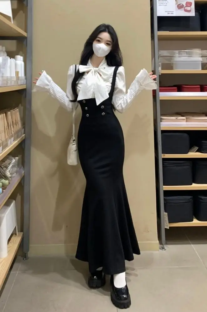 Plus Size Dames Jarreteljurk + Overhemd Tweedelige set Herfst/winter High-end Geavanceerde temperatuur Billen Fishtail Lange rok