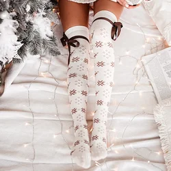 New Fashion Womens Knit Thigh High Socks For Christmas Contrast Color Snowflake Print Long Stockings With Satin Bow Decoration
