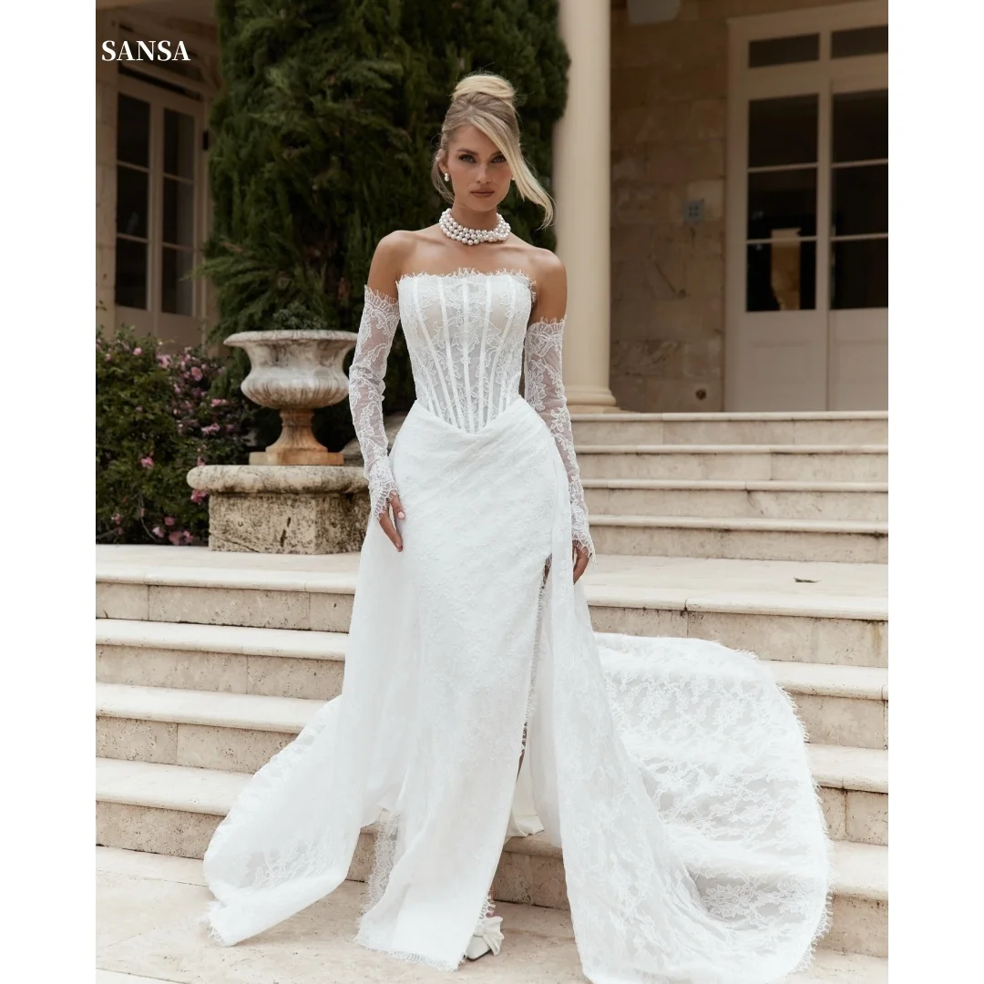 

Sansa Customized White Strapless Sleeves Party Dress Trailing Lace Prom Dress BacklessMesh Fabric Floor-Length Evening Dresses