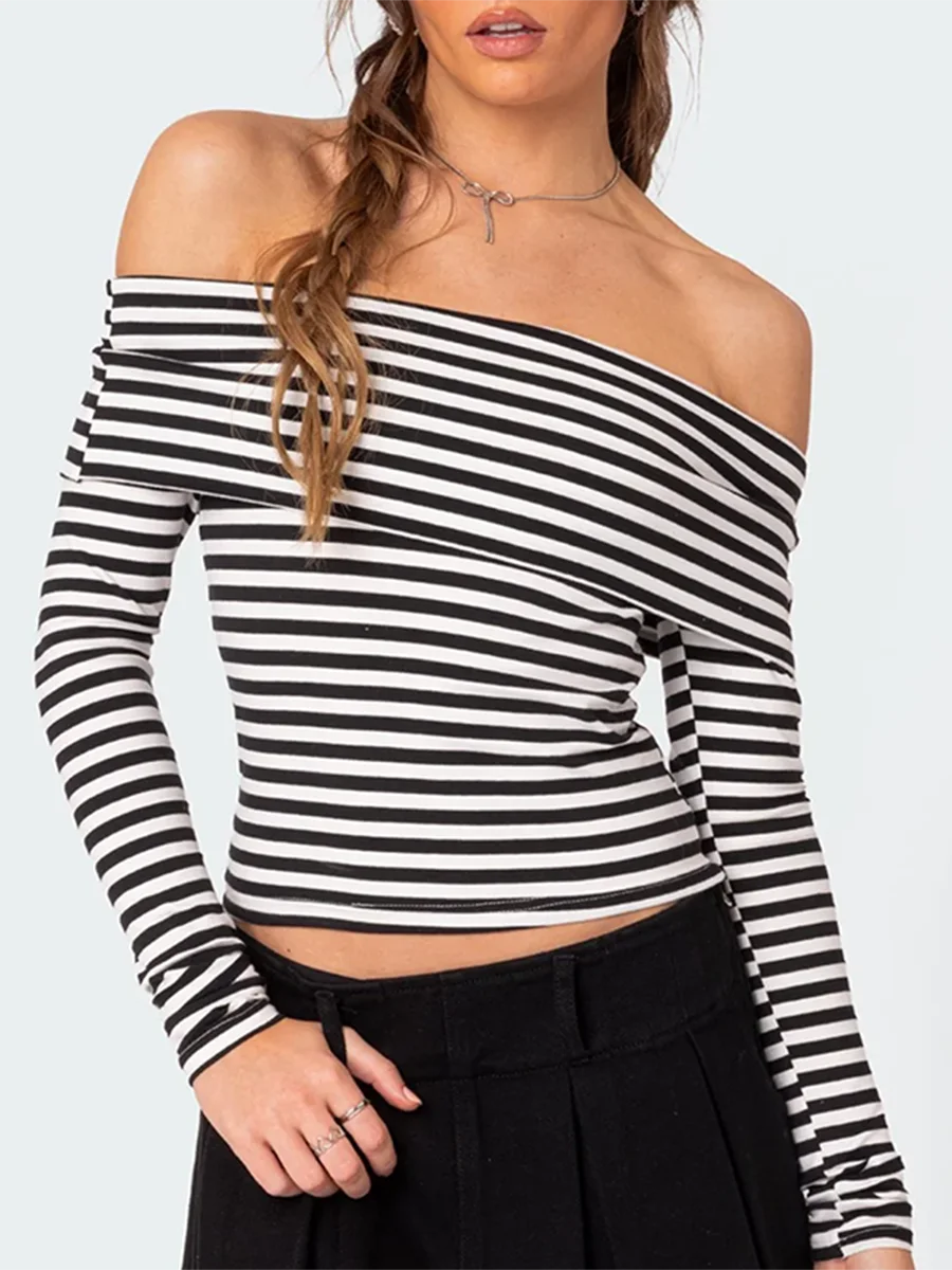 Women's Striped Off Shoulder T-Shirt Chest Folding Boat Neck Long Sleeve Slim Fit Casual Crop Tops