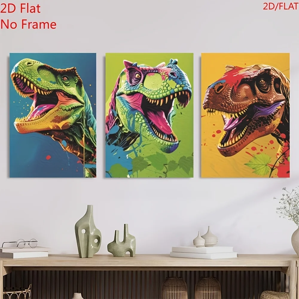 （Noframe 3PCS）-2D Flat, 3pcs Dinosaur Art Canvas Poster Set, Vivid Close-up Dinosaur Wall Decor, Modern Prehistoric Themed Ar