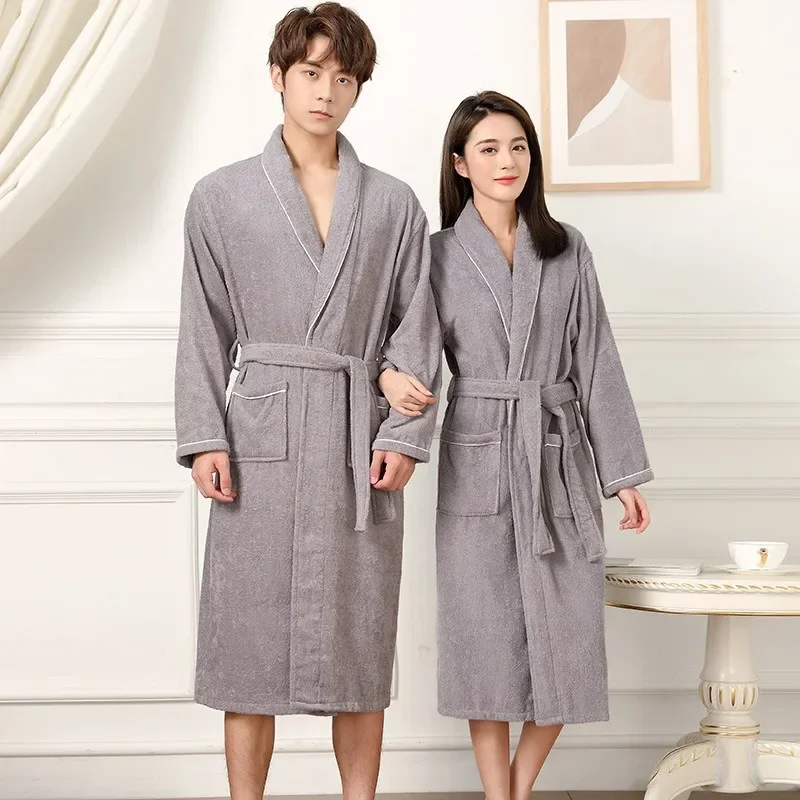 100% Cotton Couples Long Thick Absorbent Terry Bath Robe Kimono Men Light Weight Towel Bathrobe Sleepwear Women Hotel Gown Robes