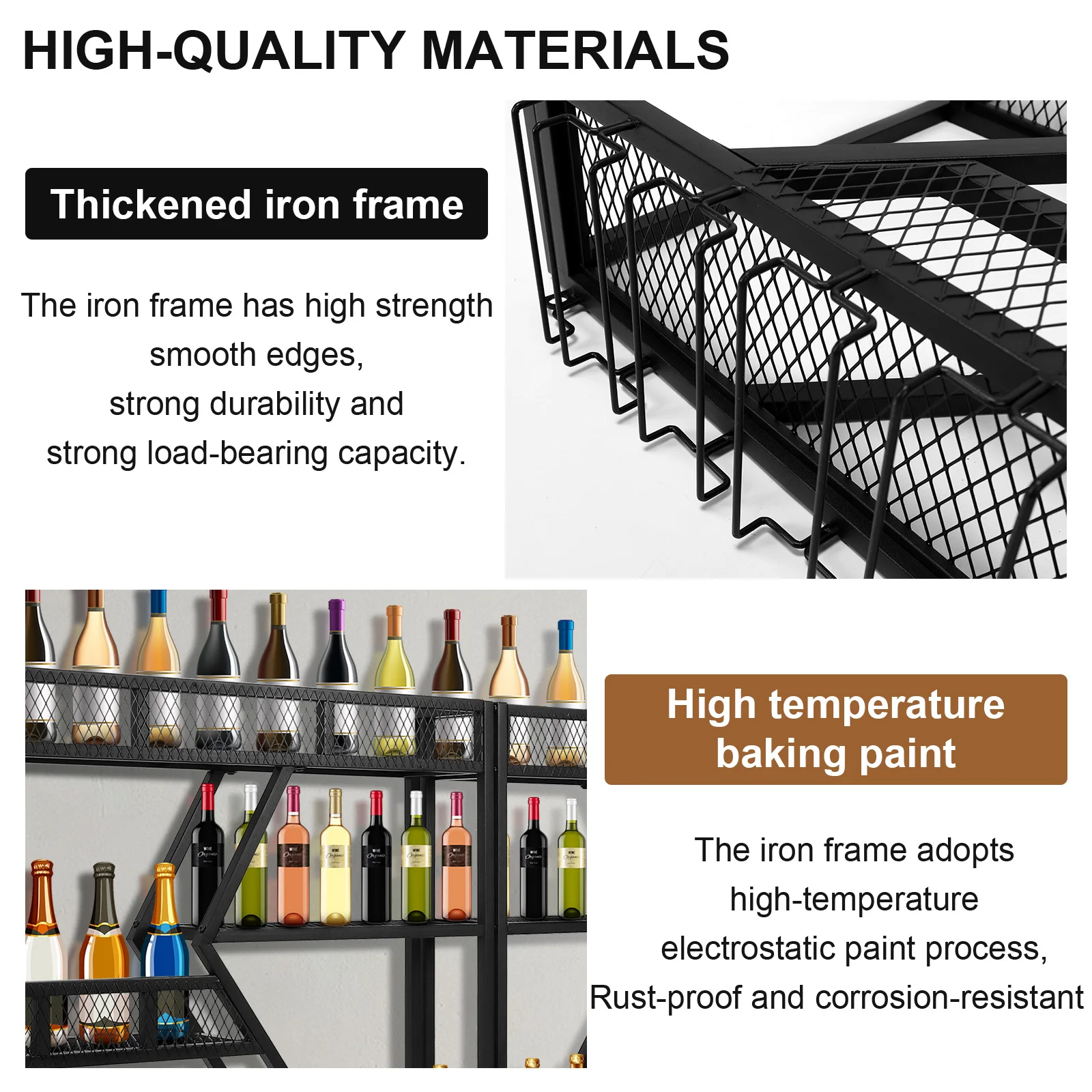 Wall Mounted Wine Bottle Holder 3-Tier Bar Liquor Shelves Metal with Glass Holder for Home Kitchen Dining Room Coffee Shop Black
