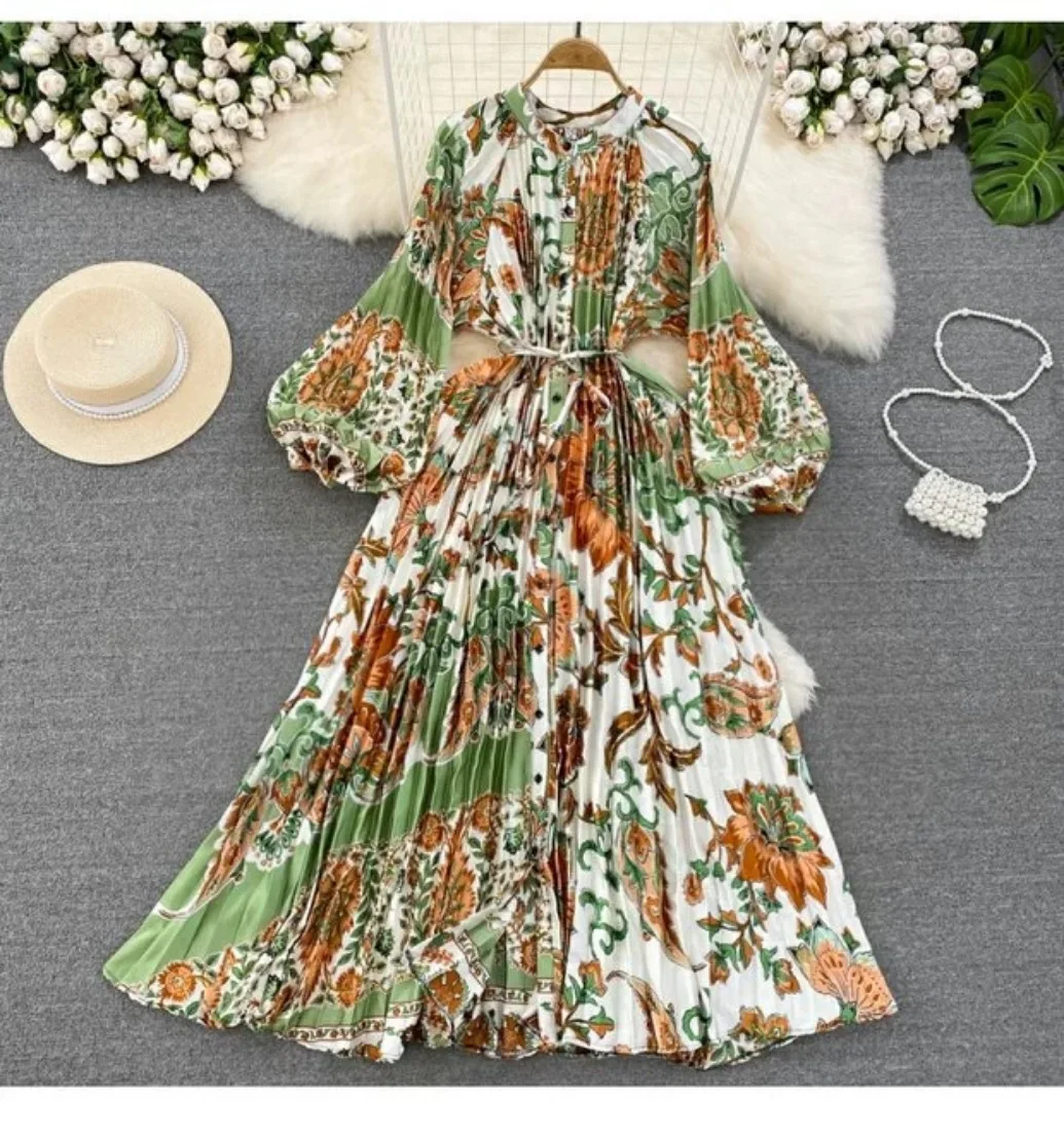 2024 Sweethug High End Elegant Lantern Long Sleeved Round Neck Single Breasted Printed Dress Elegant Long Dress