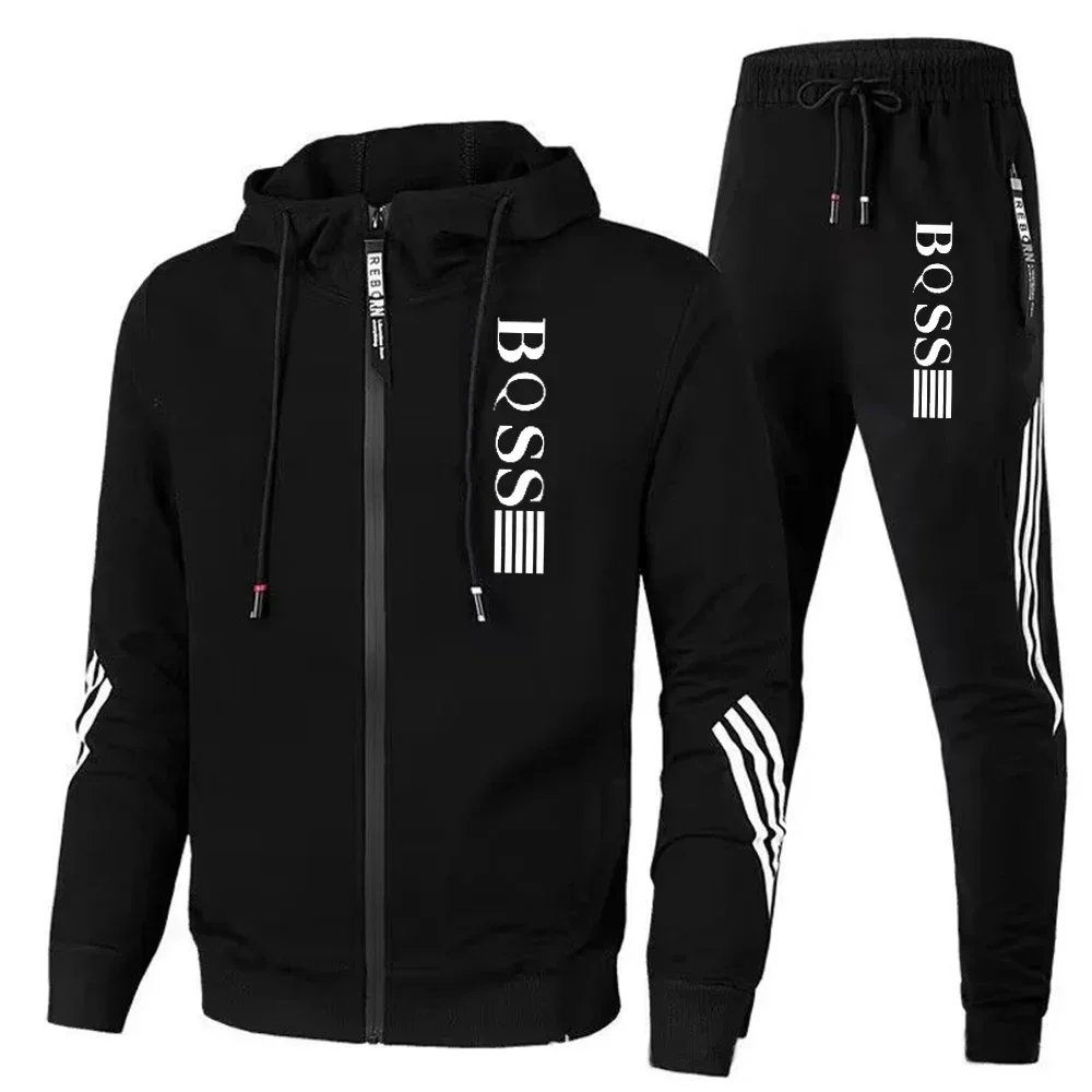 

New spring-autumn men's sportswear set, outdoor hiking windproof and warm men's hooded jacket + running pants casual sportswear
