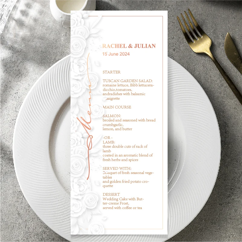 5/20/50/100 szt. Personalizowane menu na przyjęcie weselne, personalizowane menu weselne, zielone rośliny, kwiaty, menu weselne