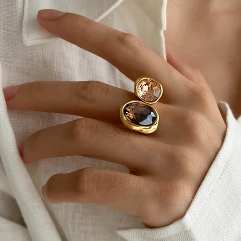 Anillo Retro Marrón con Cristales de Imitación, Anillo Abierto Cuadrado Geométrico Exquisito para Mujer, Chapado en Oro Real, Joyería para Dedo, Regalos
