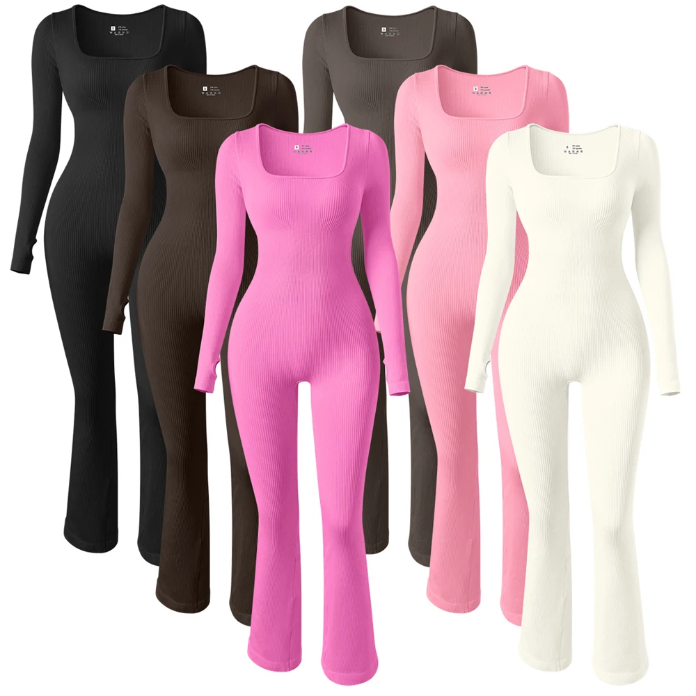 Fall 2024 Women Clothes Solid Color Thick Ribbed Knit Bodycon Jumpsuit Long Sleeve Flare Full Body Jumpsuits Gym