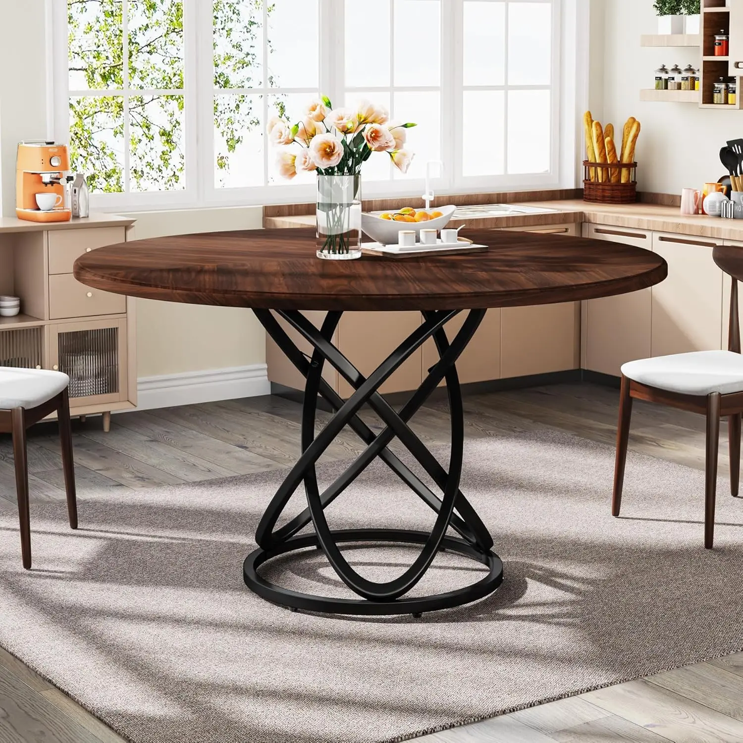 Round Dining Table for 4, 47 Inch Modern Kitchen Table Dining Room Table, Dinner Table with White Metal Base for Kitchen