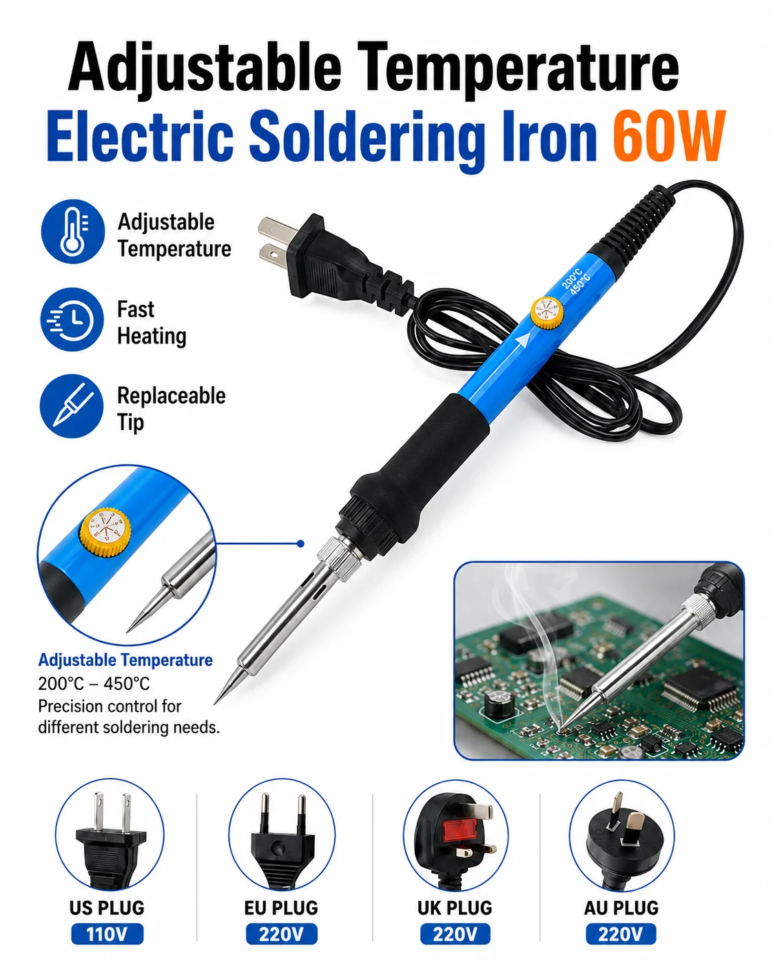 60W Adjustable Temperature Soldering Iron Electric Welding Solder Iron Tool US/EU/UK /AU Plug For PCB Repair