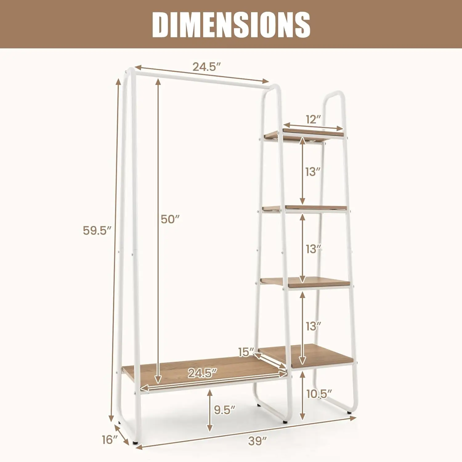 Garment Rack with Shelves, Clothes Rack with 5 Shelves & Hanging Bar, Open Wardrobe for Hanging Clothes and Storage