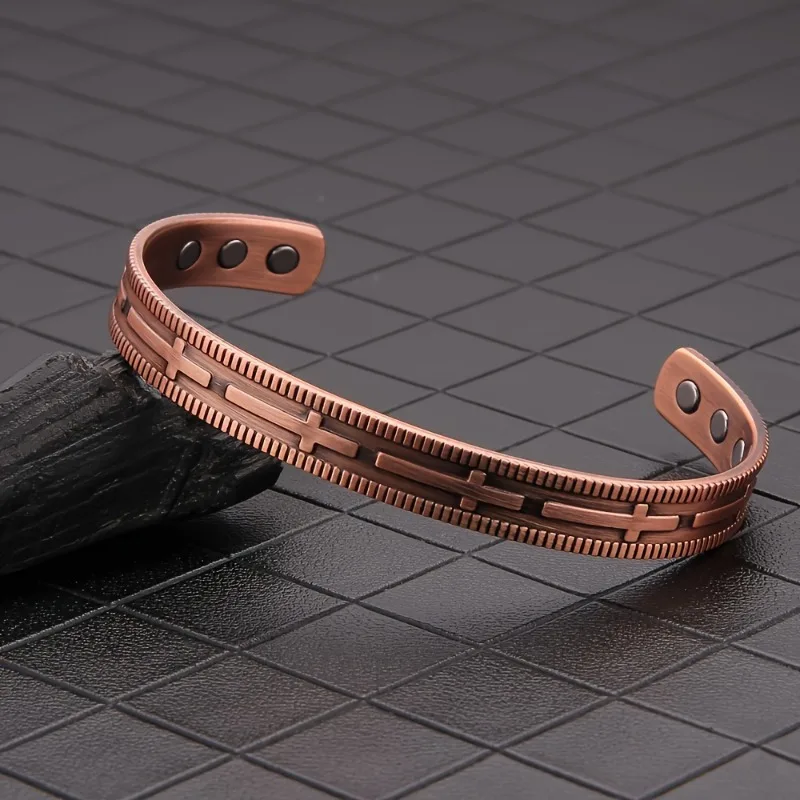 Vintage Magnetic Bracelet Opening Adjustable Red Copper Color Retro Bracelet Cross Bracelet for Men Arthritis Health  Jewelry