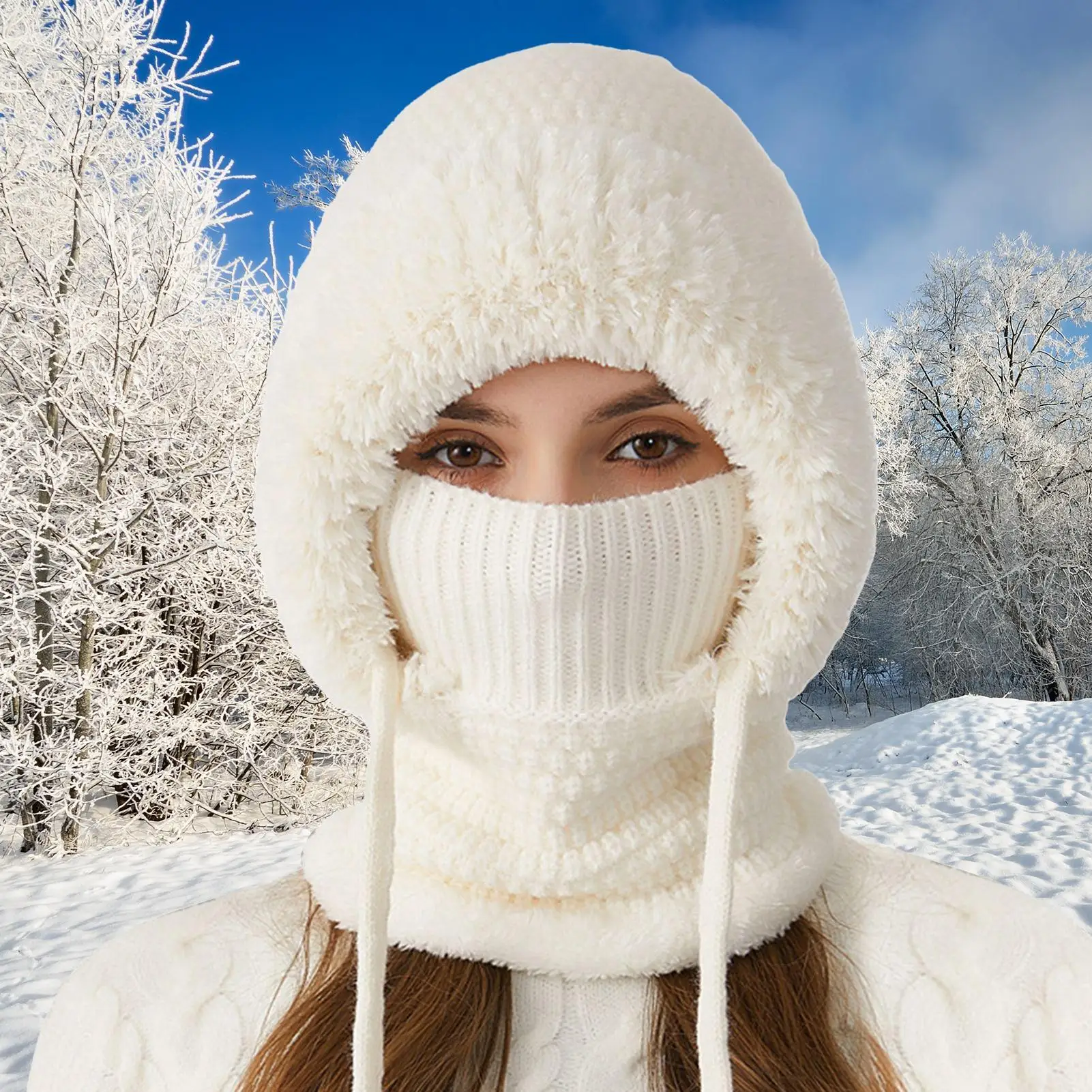 Vollständig bedeckende Winter-Strickmütze für Damen, Winter, Samt, gestrickt, Wolle, Sturmhaube, Hut, Gehörschutz, flauschige Mütze, Maske, Reitmütze