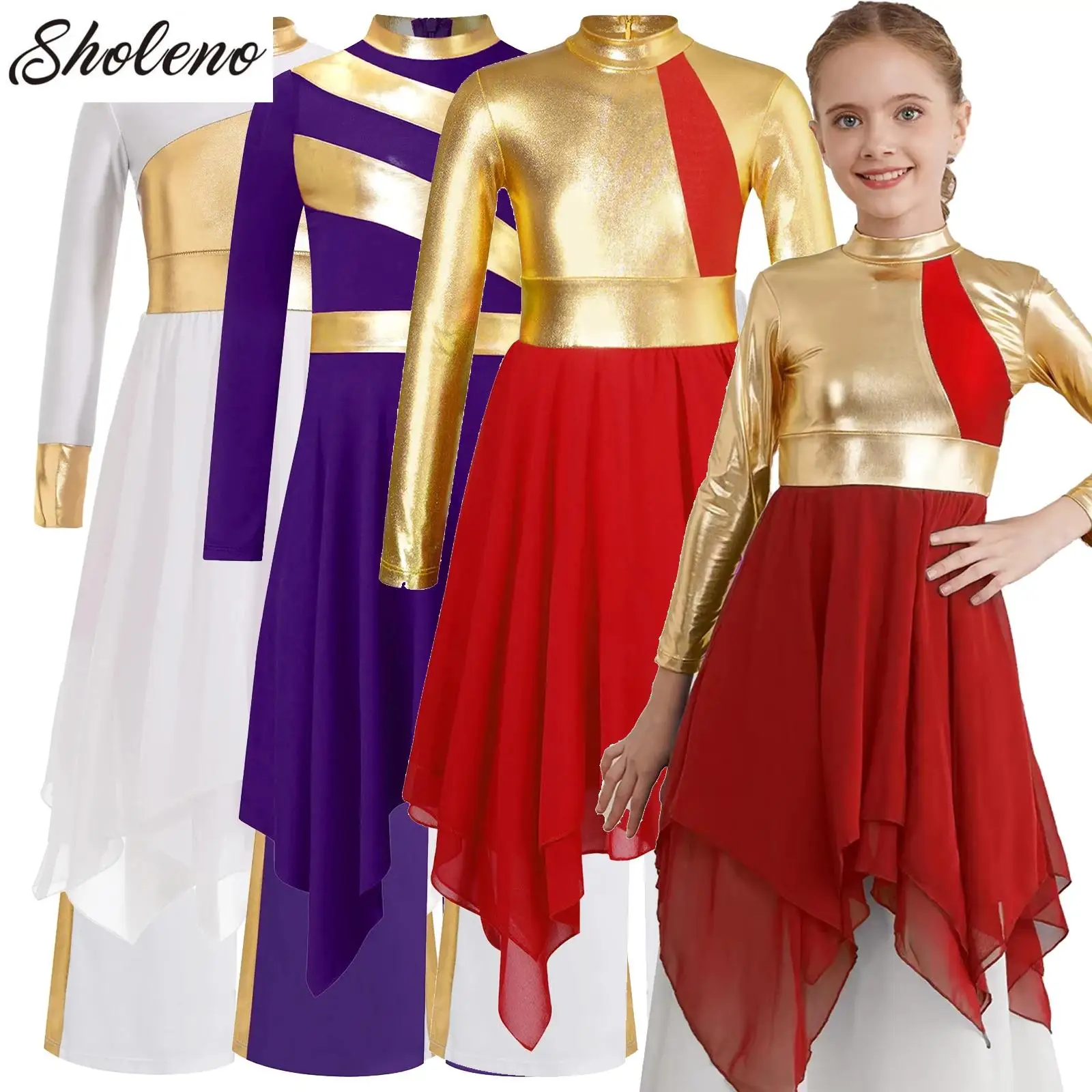 

KidsWorship Liturgical Praise Dance Outfit Long Sleeve Irregular Hem Lyrical Choir Church Worship Dress with Wide-Leg Pants Set