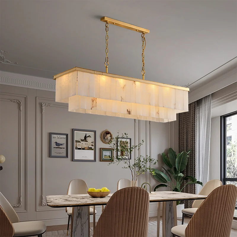 Simple Modern Living Dining Room Brass Natural Marble Pendant Lights Nordic Villa Rectangle Dining Table Copper Chandelier Lamp