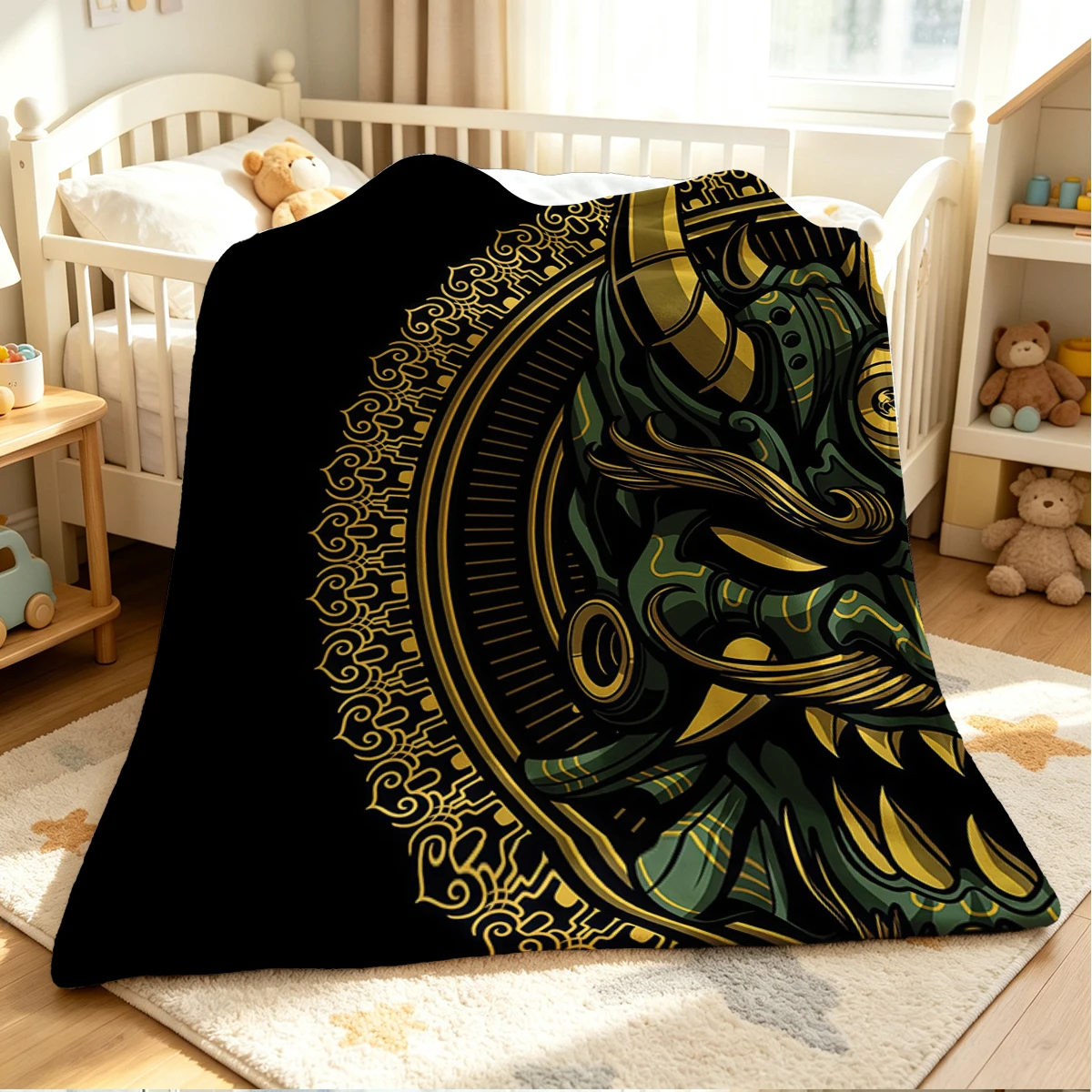 Oni  Mask Flannel Blanket Warm Soft Halloween Christmas Couch Warm Cozy Decorative Decor Gift for All Season