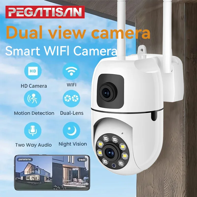 

Уличная Wi-Fi камера PEGATAH 8 МП 4K с 5-кратным зумом, двумя экранами, обнаружением движения и автоматическим отслеживанием для видеонаблюдения