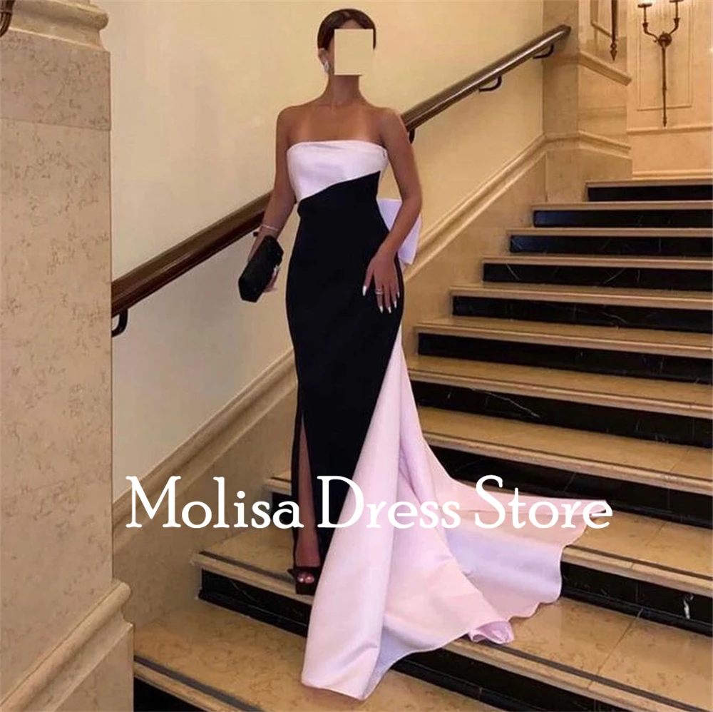 Simple Black with Pink Bow Strapless Satin Formal Occasion Prom Dresses Customized Women Evening Party Dress  فساتين السهرة